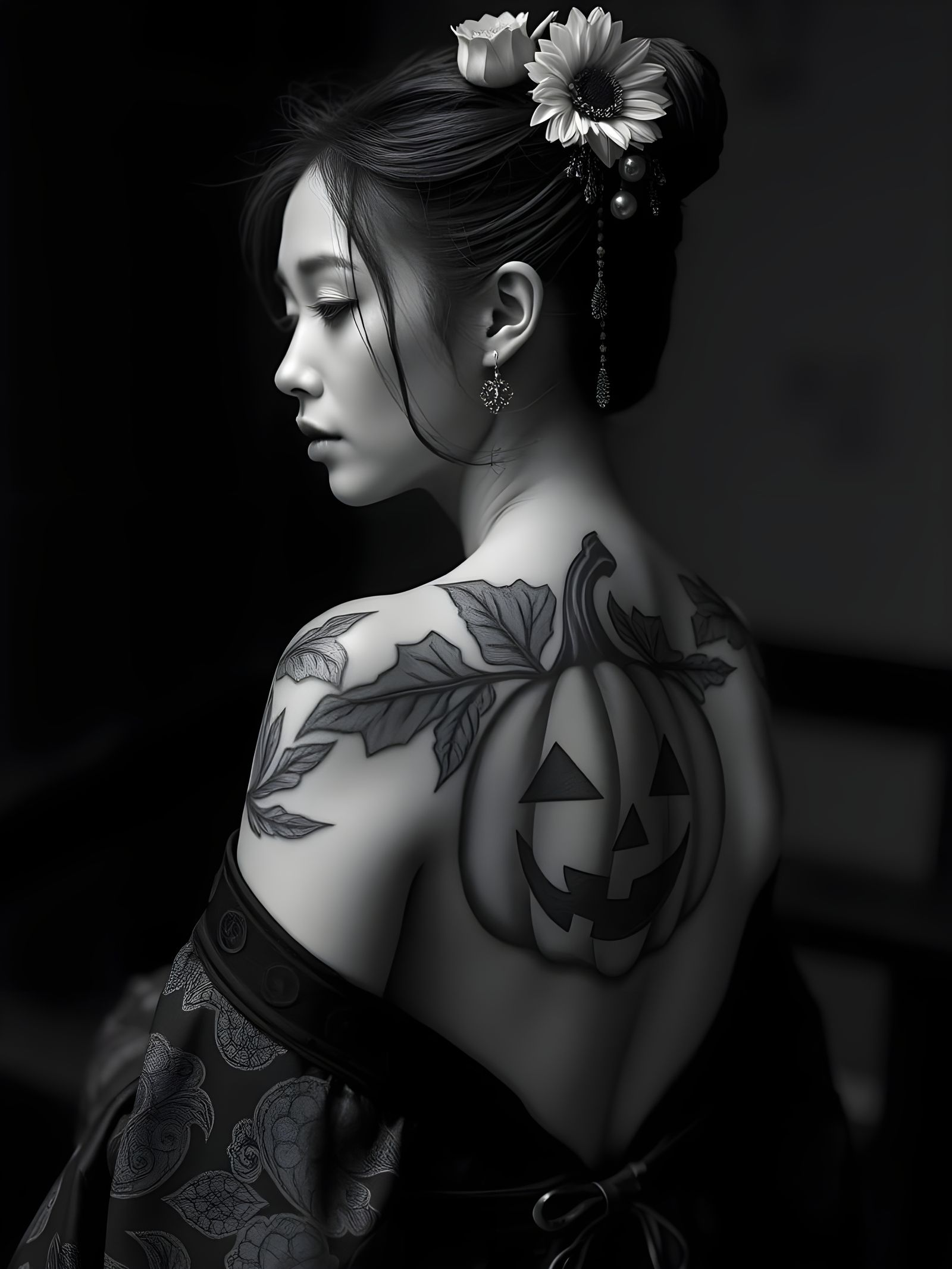 Japanese Woman with Halloween Pumpkin Tattoo Portrait
