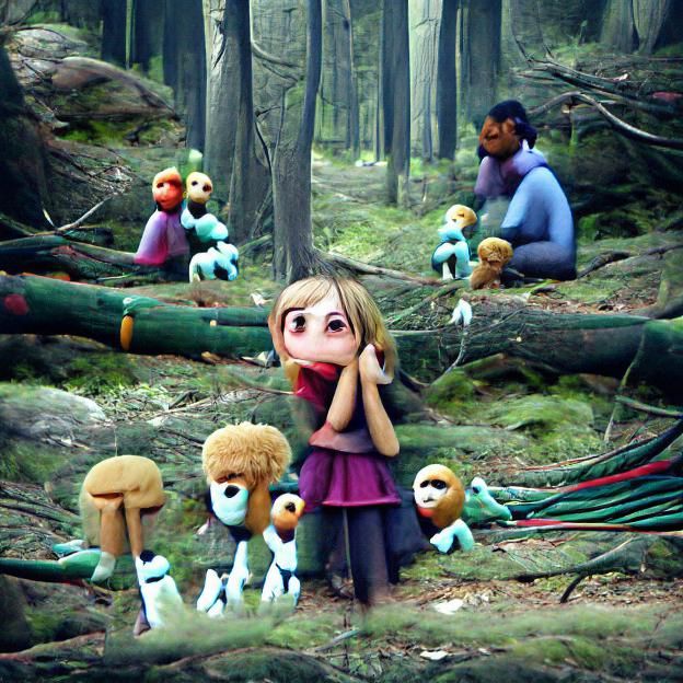 Worried Girl with Puppets in Majestic Forest