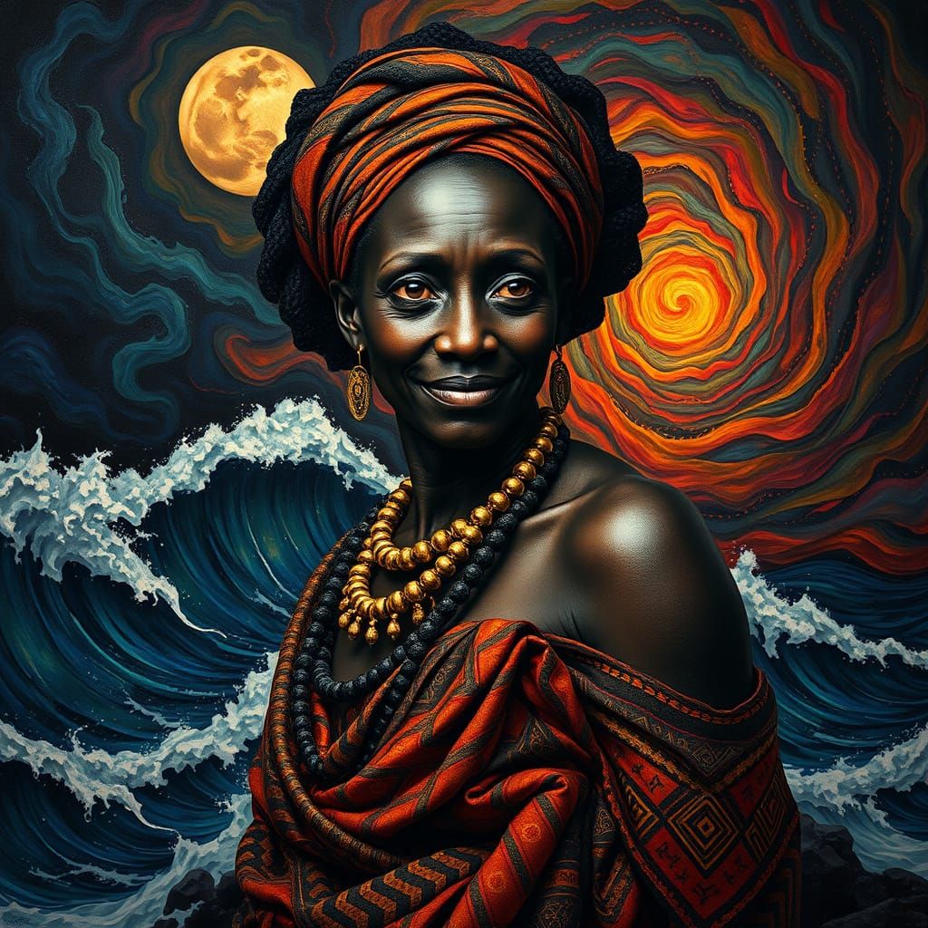 Surreal Goddess of Afro-Cosmic Feminism in Polished Obsidian...