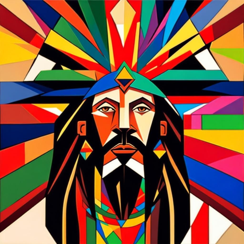 Psychedelic Rastafari Portrait in Abstract Cubism Style