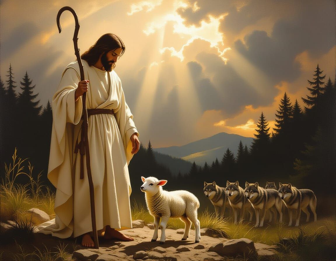 Jesus Christ Protecting Lamb from Wolves in Renaissance Styl...