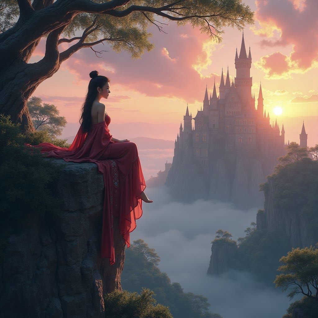 Woman on Cliff Gazing at Castle in Webtoon Style