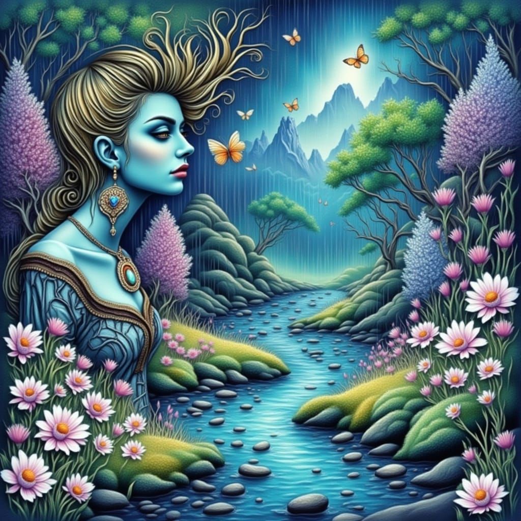 Surreal Blue Fantasy Portrait of a Young Woman in a 60's Sty...