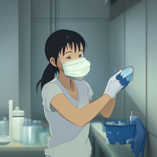 Girl Cleaning in Anime Style