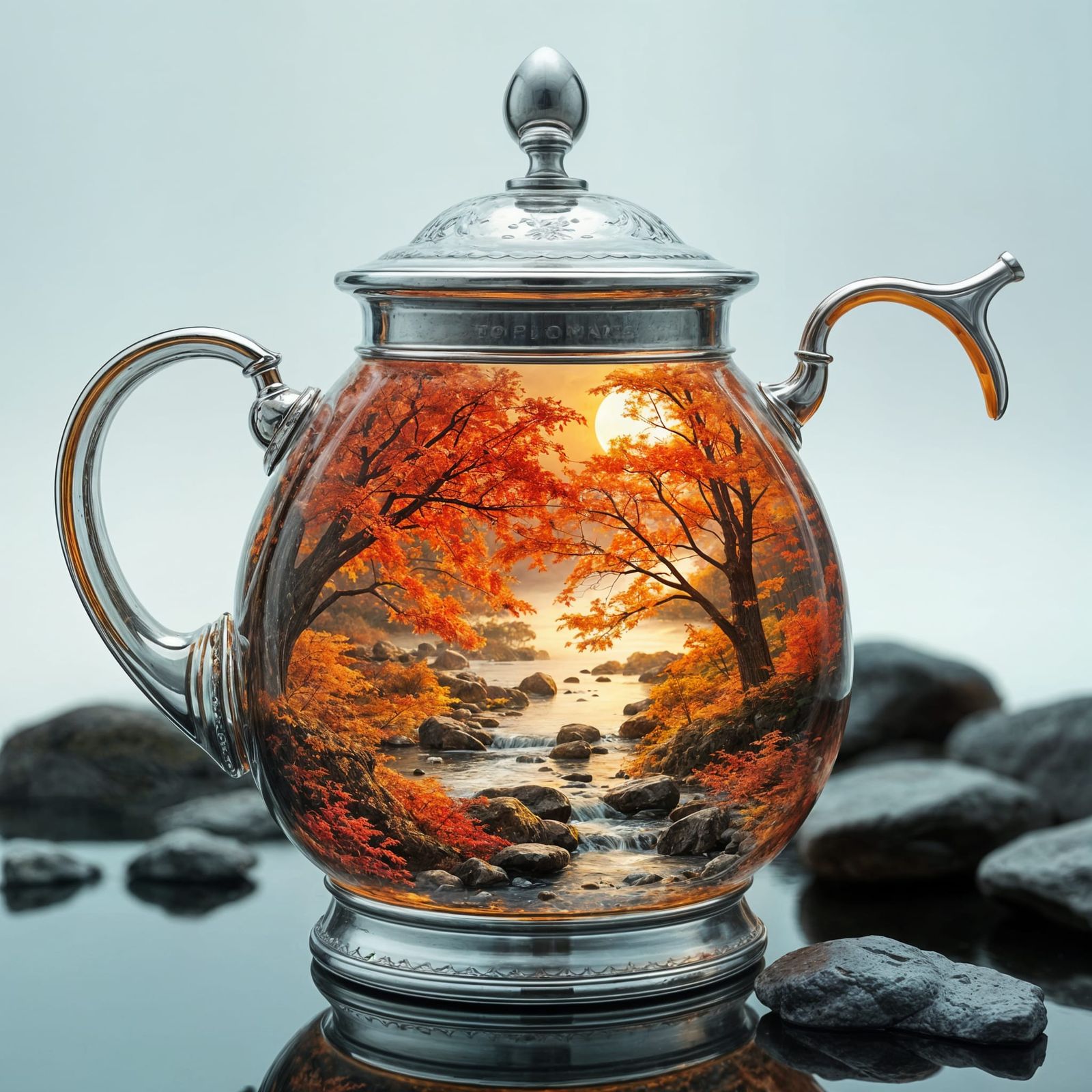 Autumn River Flows Through Glass Teapot