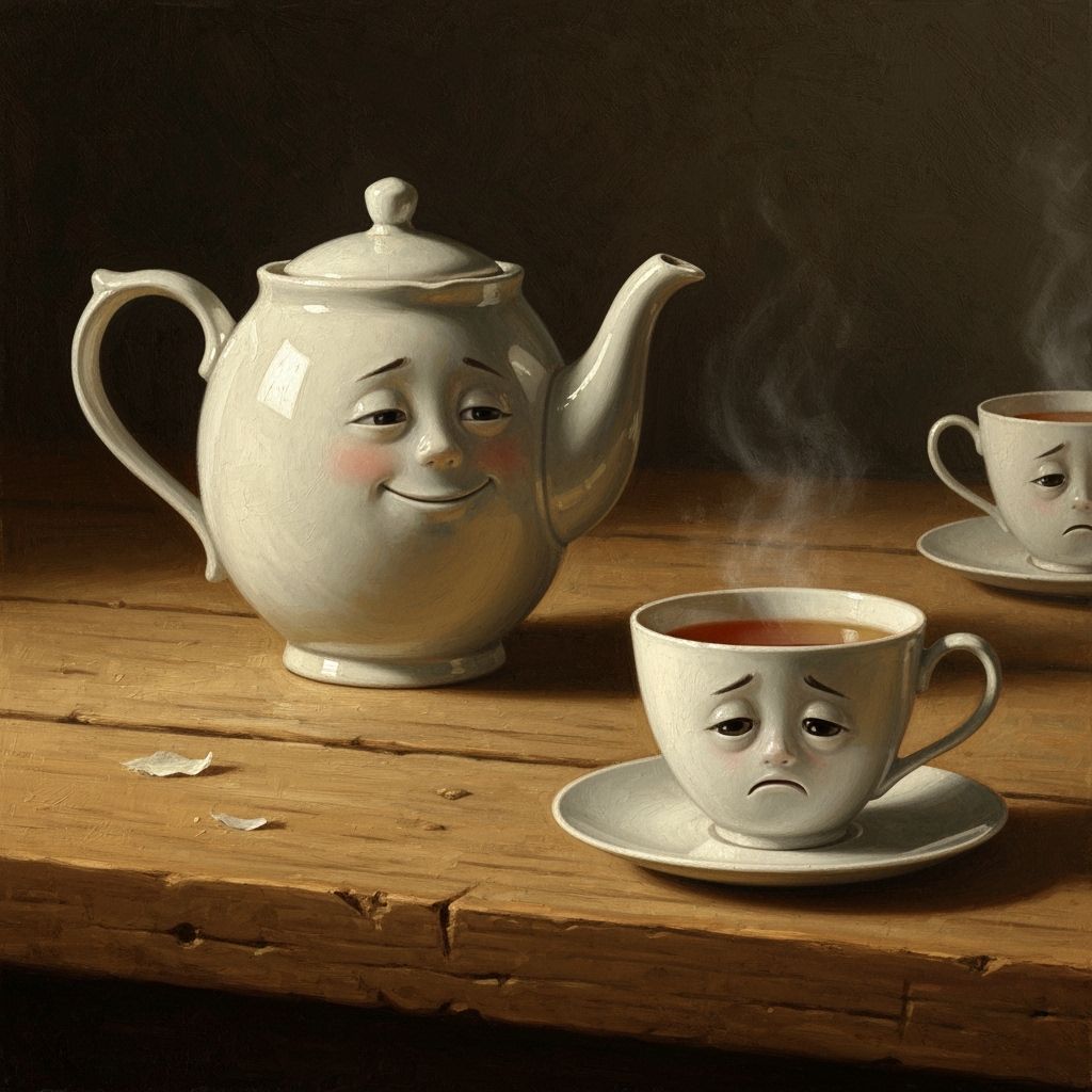 Sentient Teapot and Cups on Rustic Table