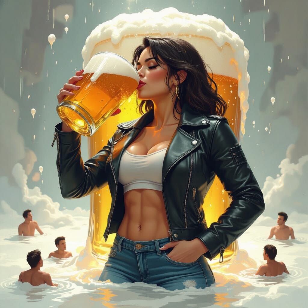 Muscle Giantess Drinks Beer with Tiny Drowning Figures