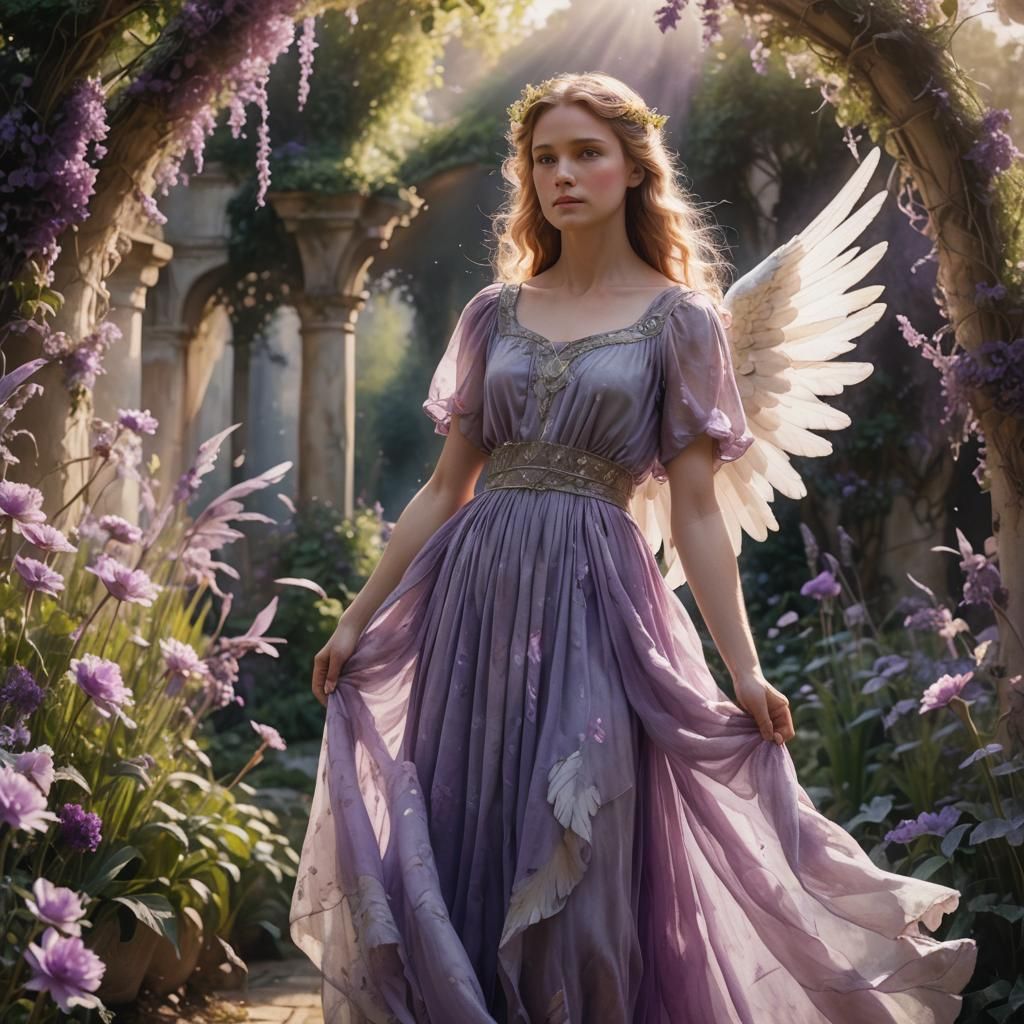 Angel in Purple Dress in Heaven Garden
