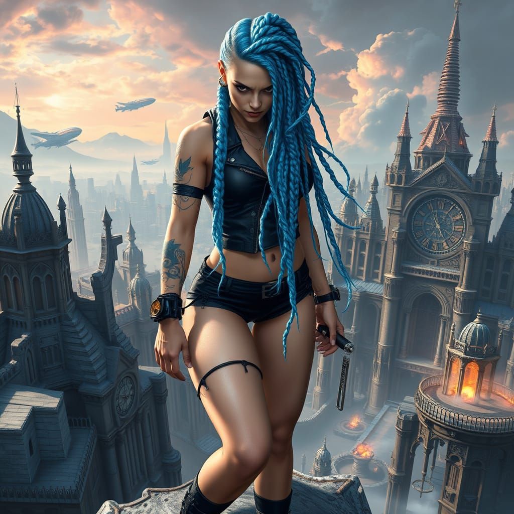 Cyberpunk Goddess Stands Defiant on Granite Pillar