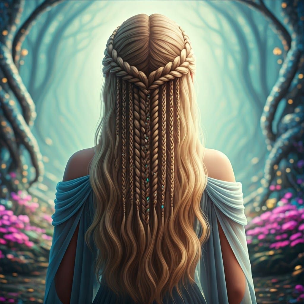 Stunning Blonde Woman in Ethereal Forest Landscape