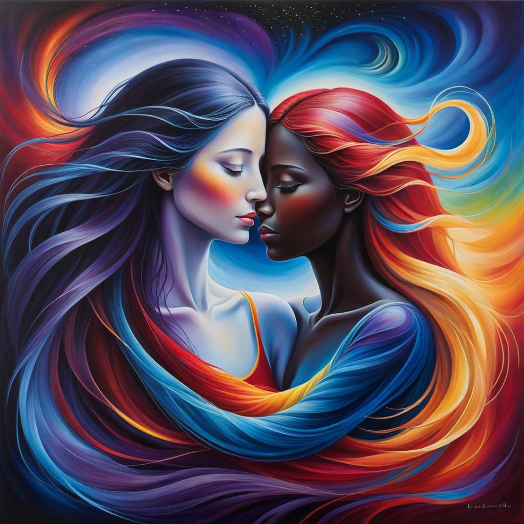 Radiant Mother and Daughter Embrace in Dark Fantasy Art