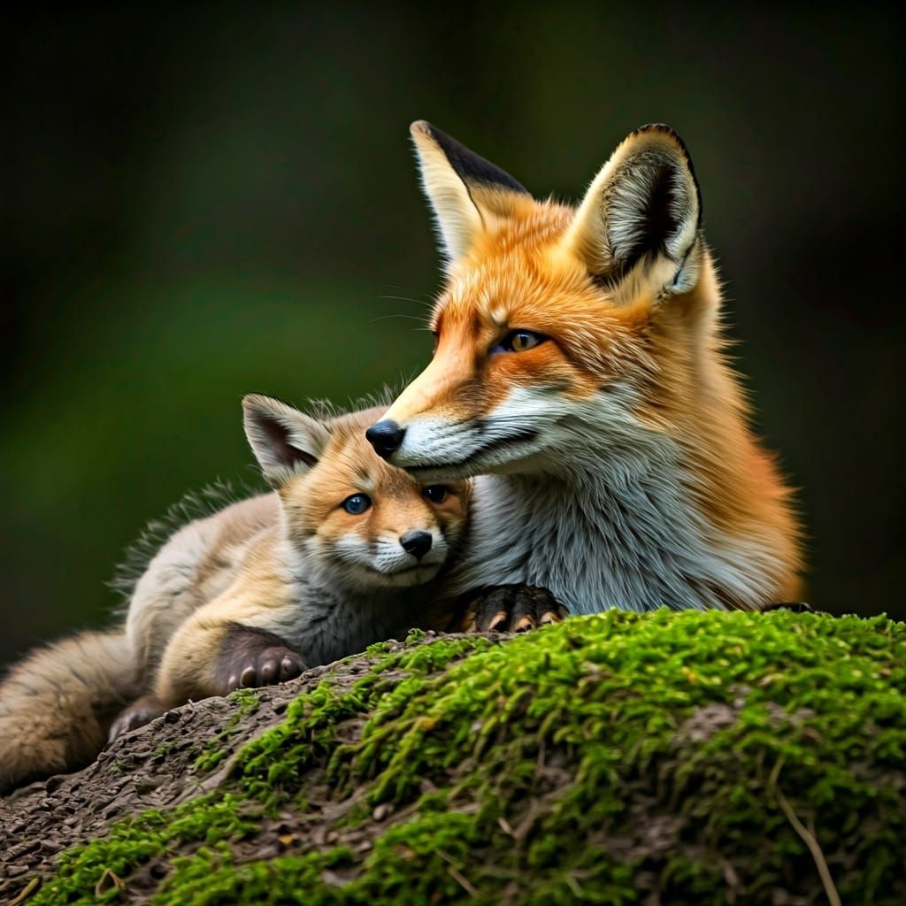 Red Fox Family: Serene Oil Painting