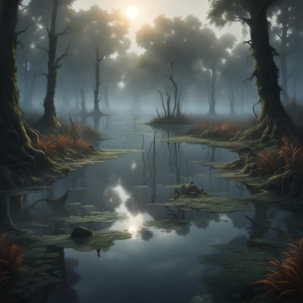 Ethereal Swamp Landscape with Fog and Dynamic Lighting