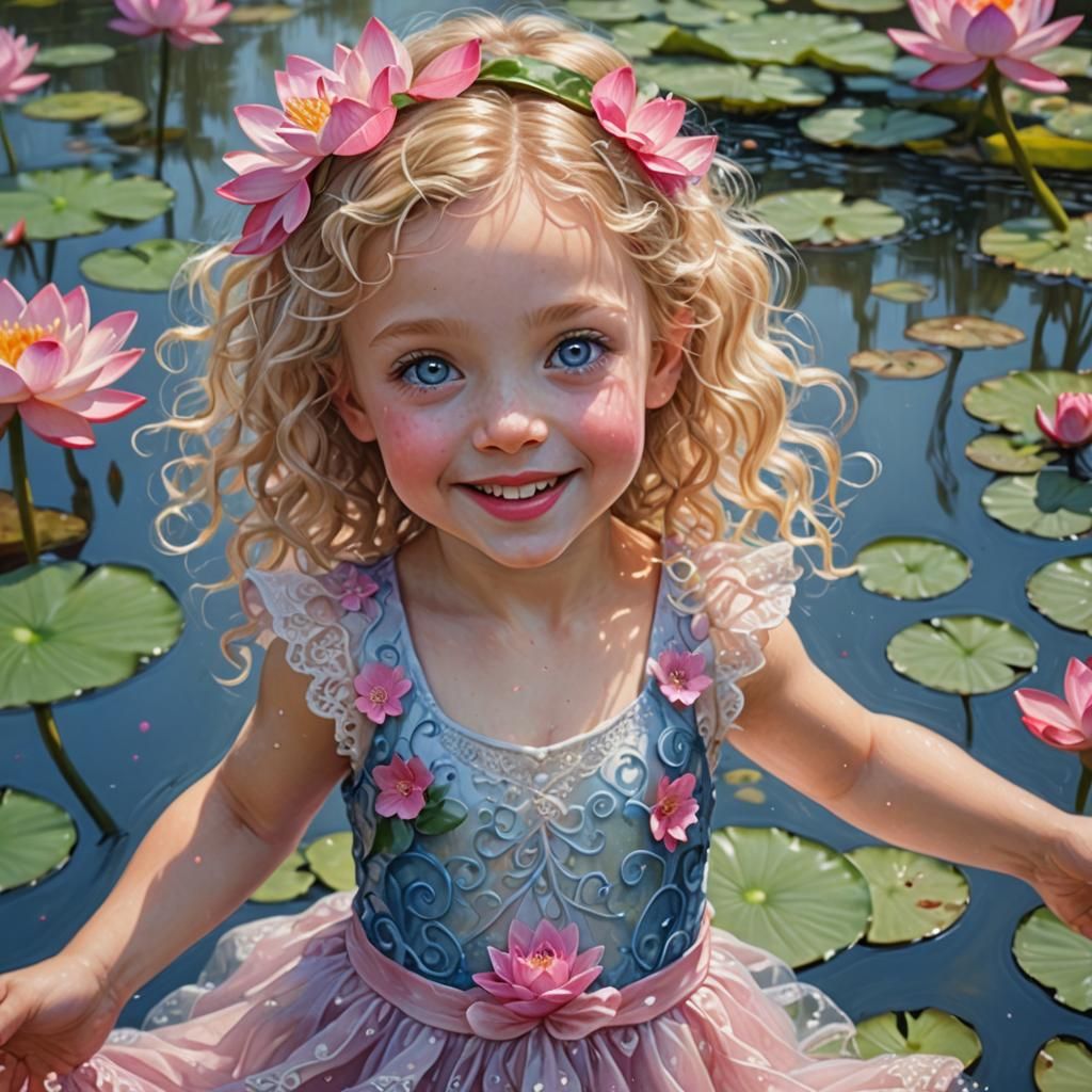 Smiling Fairy Girl Dancing in Lotus Pond