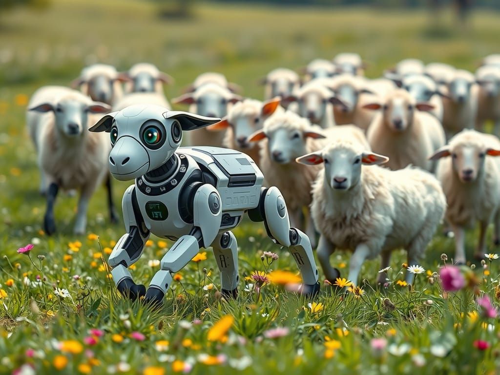 Cute Robot Sheepdog Herds Sheep in Wildflower Field