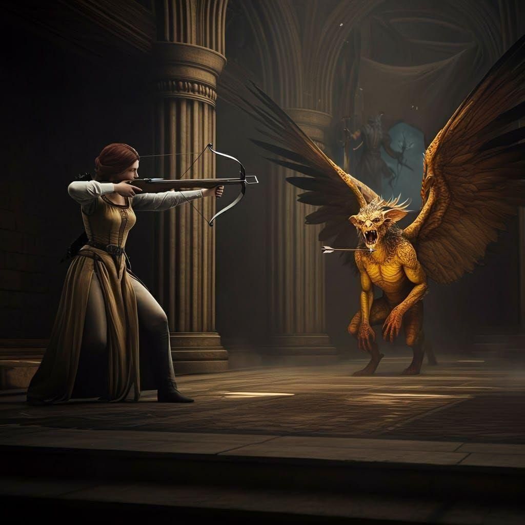 Medieval Woman Battles Winged Creature in Temple