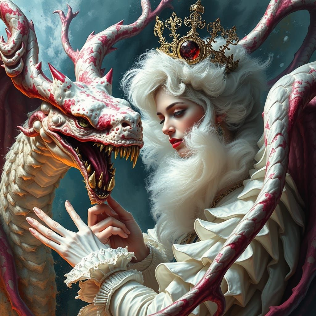 White Queen Taming Jabberwocky in Wonderland