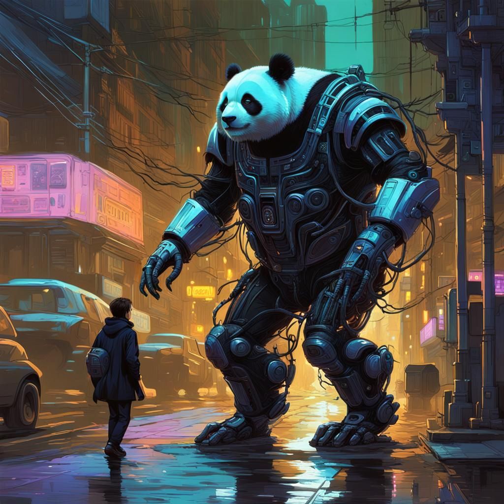 Cyberpunk Hybrid Panda Stalking Neon Streets