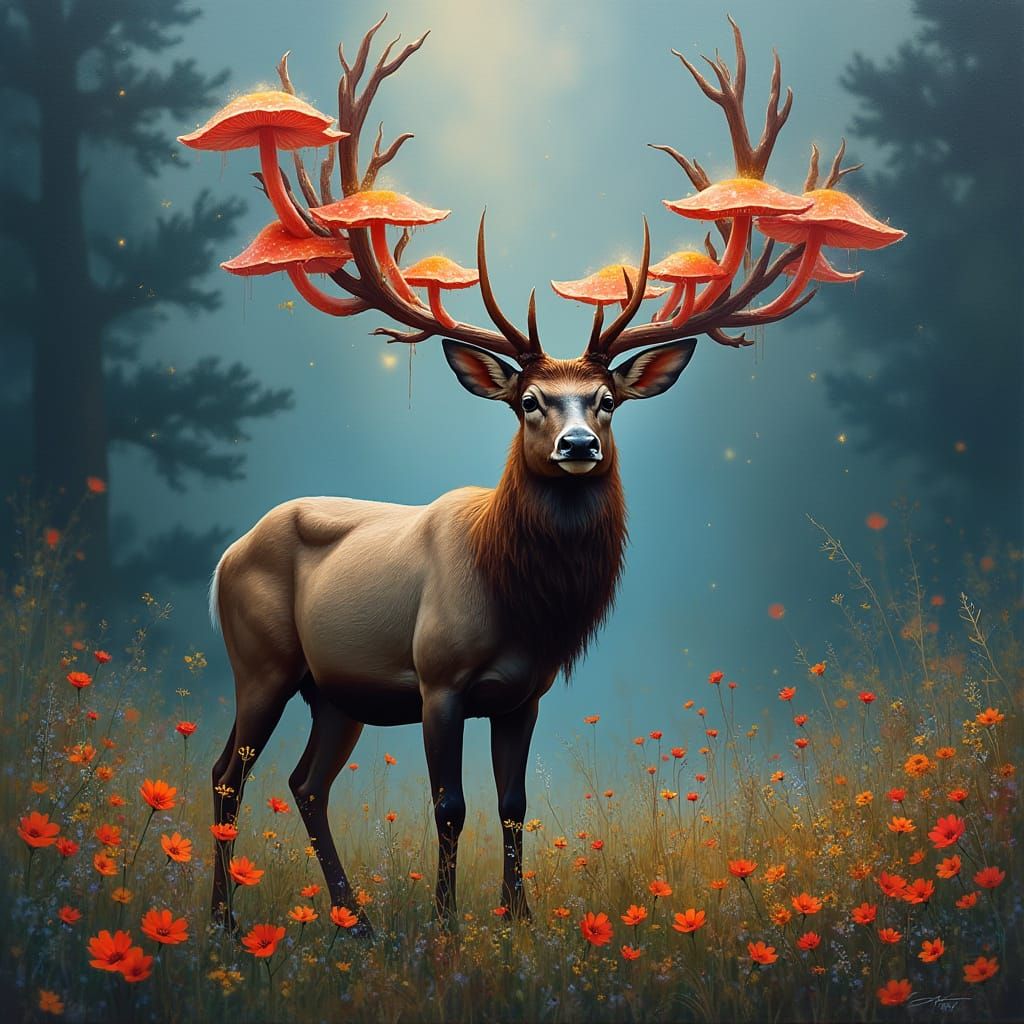 Stag with Bioluminescent Mushroom Antlers in Impressionist S...