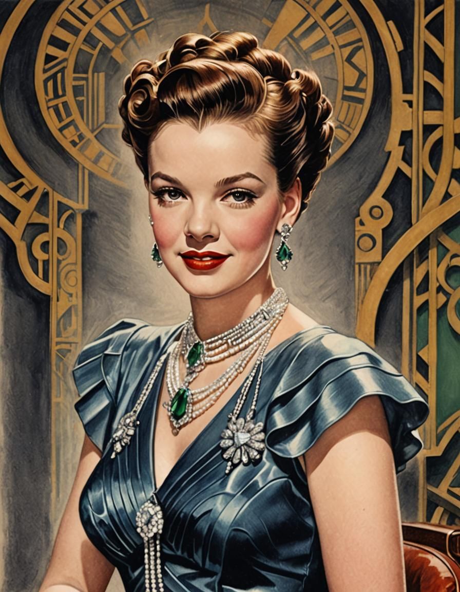 Art Deco Breck Girl with Synchronized Gown and Jewelry in Pencil - Judy Garland