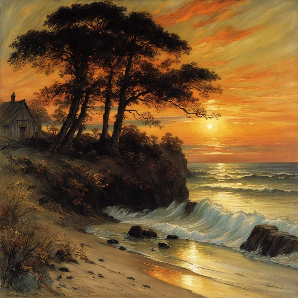 Colorful Seashore Sunset in Fairytale Style