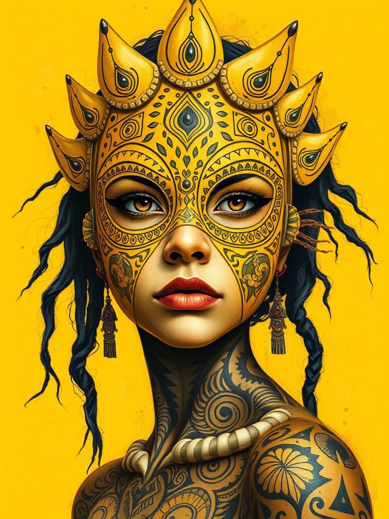 Girl in Yellow Tribal Mask: Gouache Style