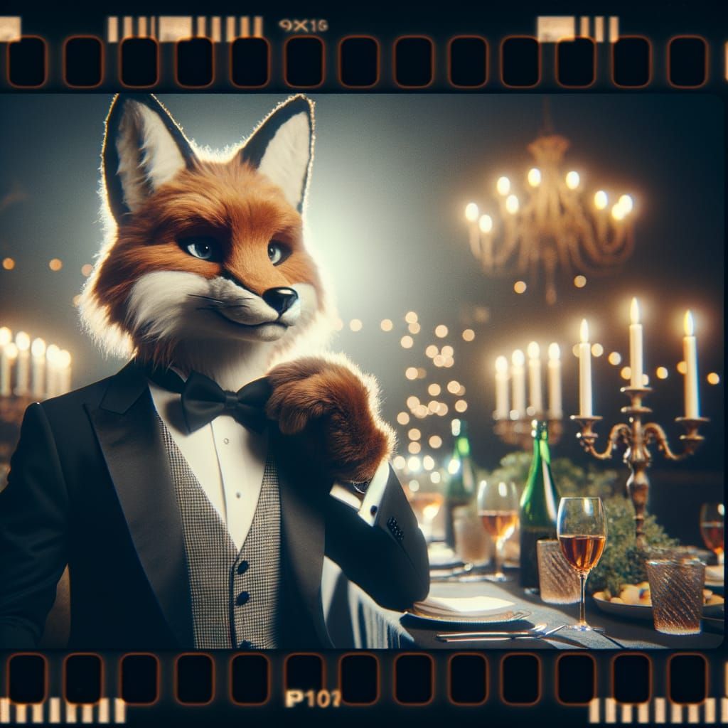 Anthropomorphic Fox in Tuxedo at Glamorous Dinner Party