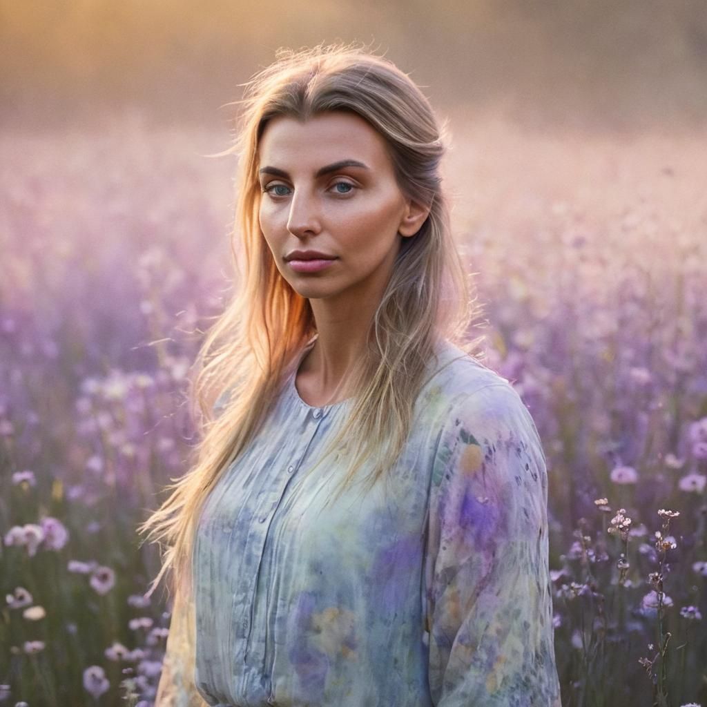 Ethereal Woman in Pastel Flower Meadow: Impressionistic Styl...