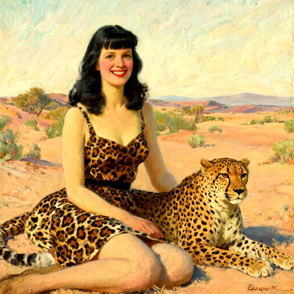 Woman and Cheetah in Post-Impressionistic Style