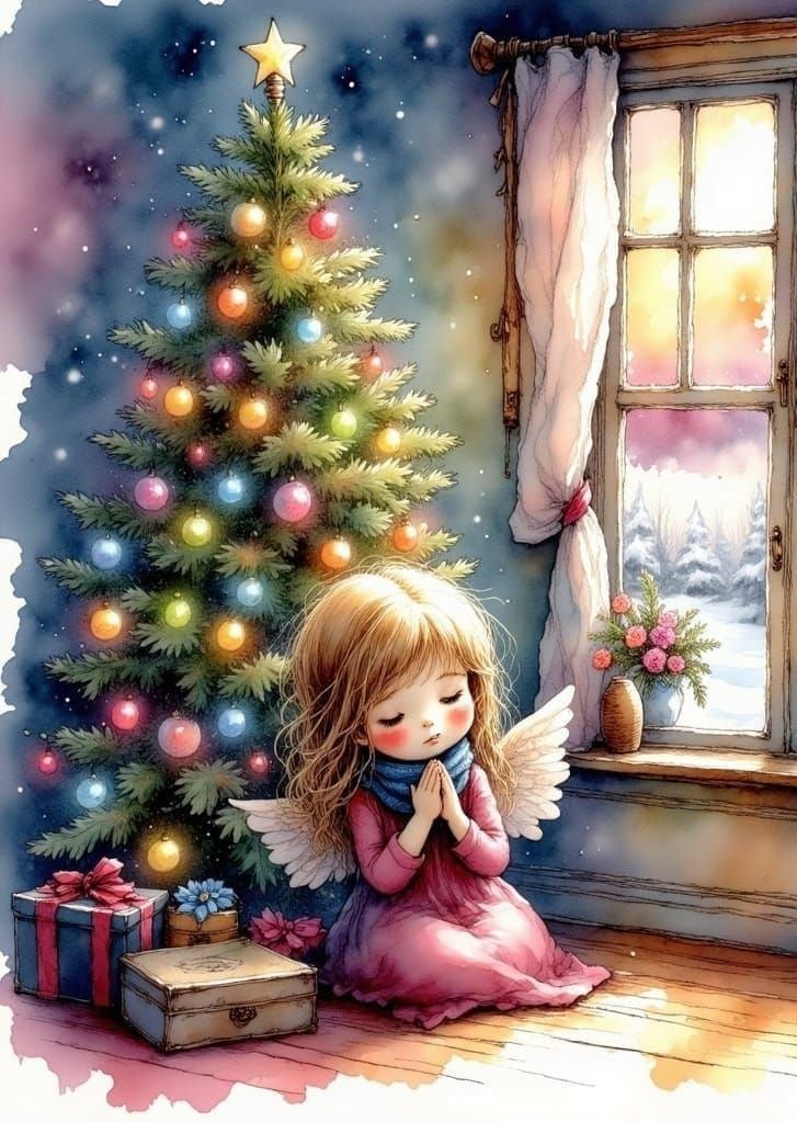 Angel in Prayer Beside a Christmas Tree