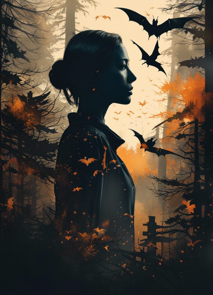 Silhouette Portrait with Bats and Dark Forest