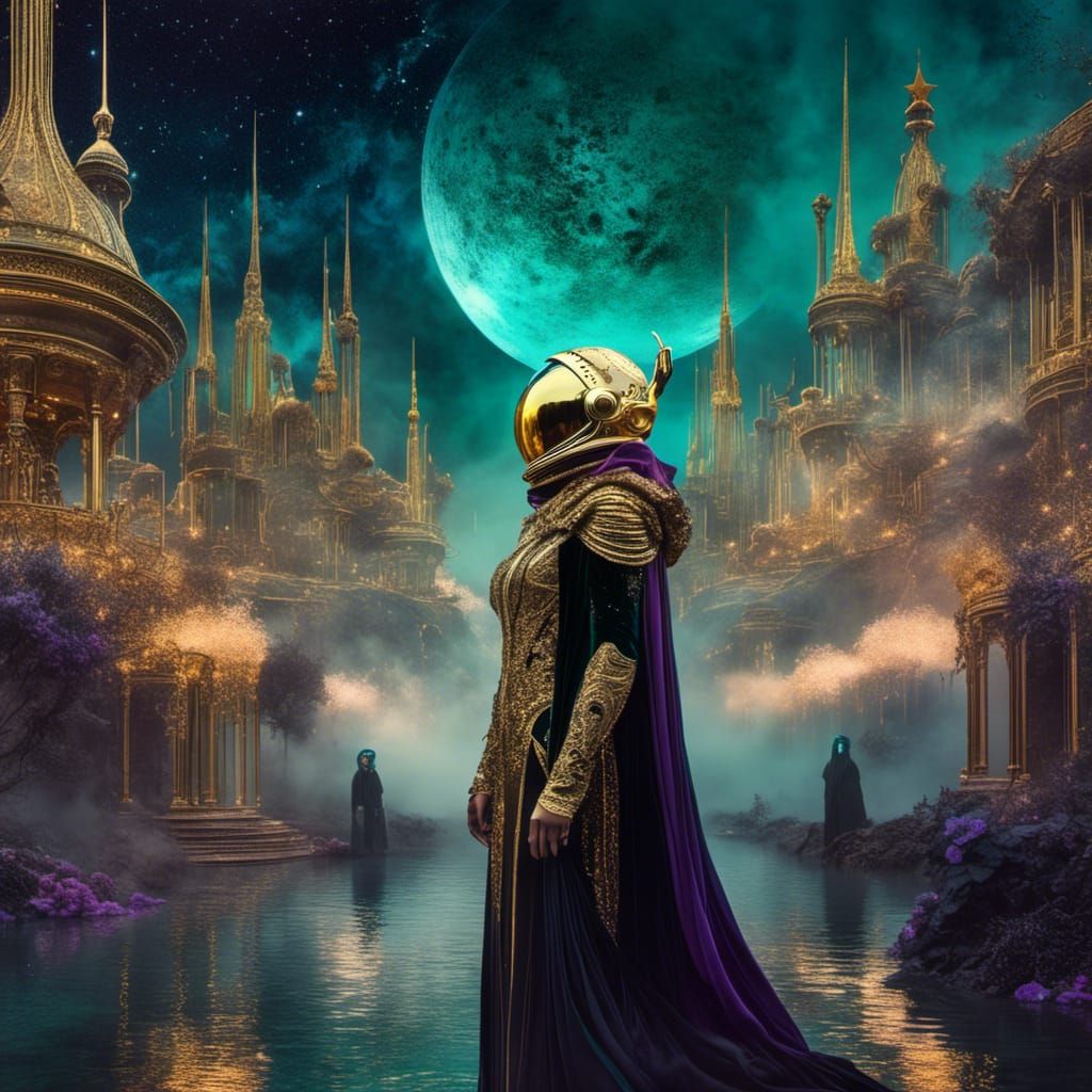 Astronaut in Aurora-Lit Alien Town: Galactic Art Nouveau