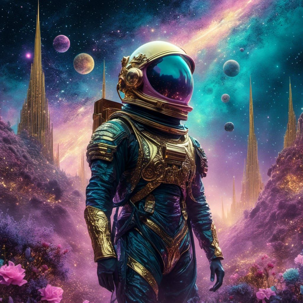 Astronaut's Dreamy Walk Through Alien Auroracore Planet