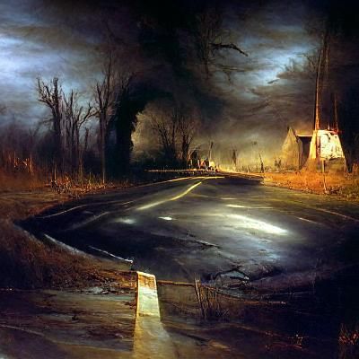 Creepy Road at Night as Oil Painting