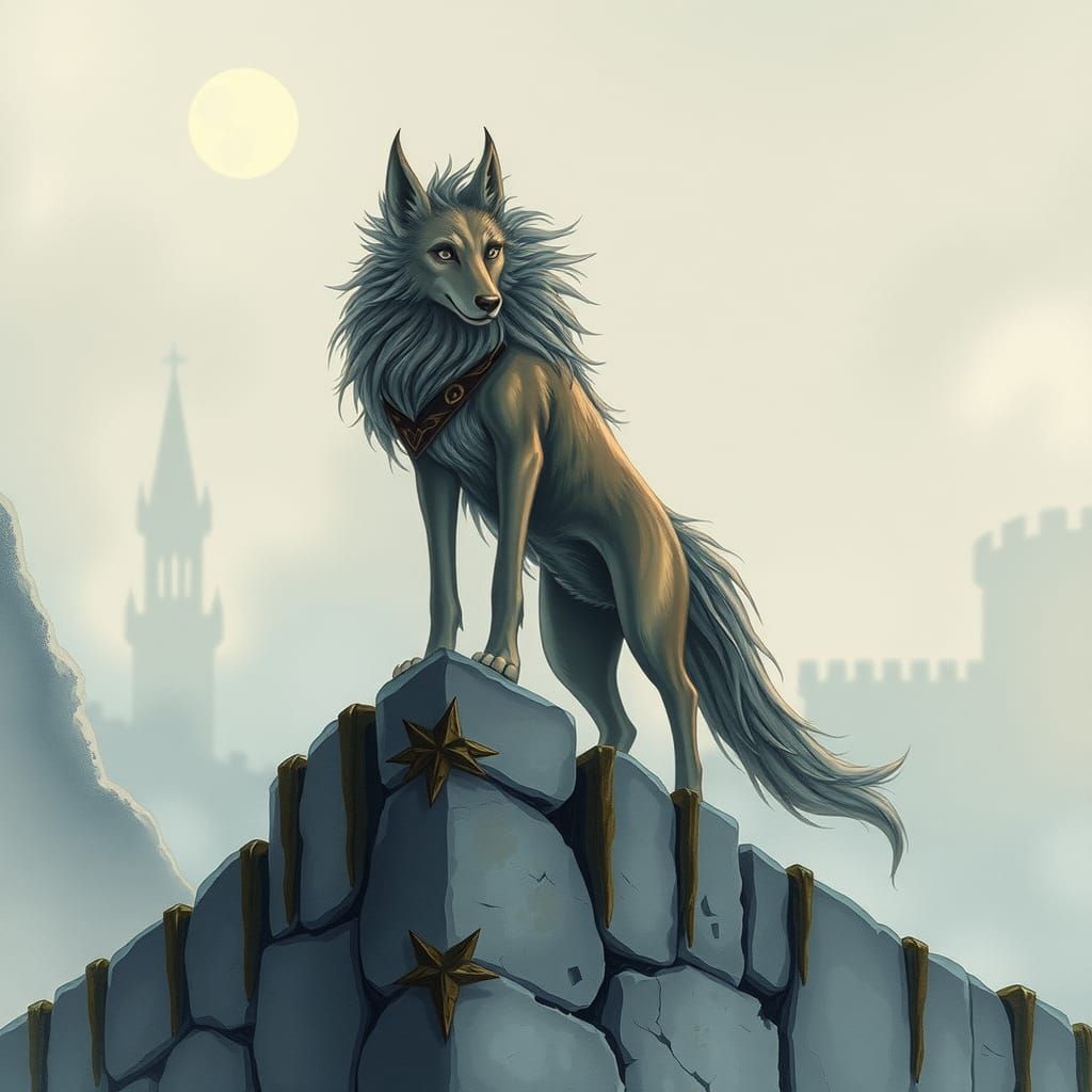 Ethereal Canine on Stone Wall in Miyazaki Style