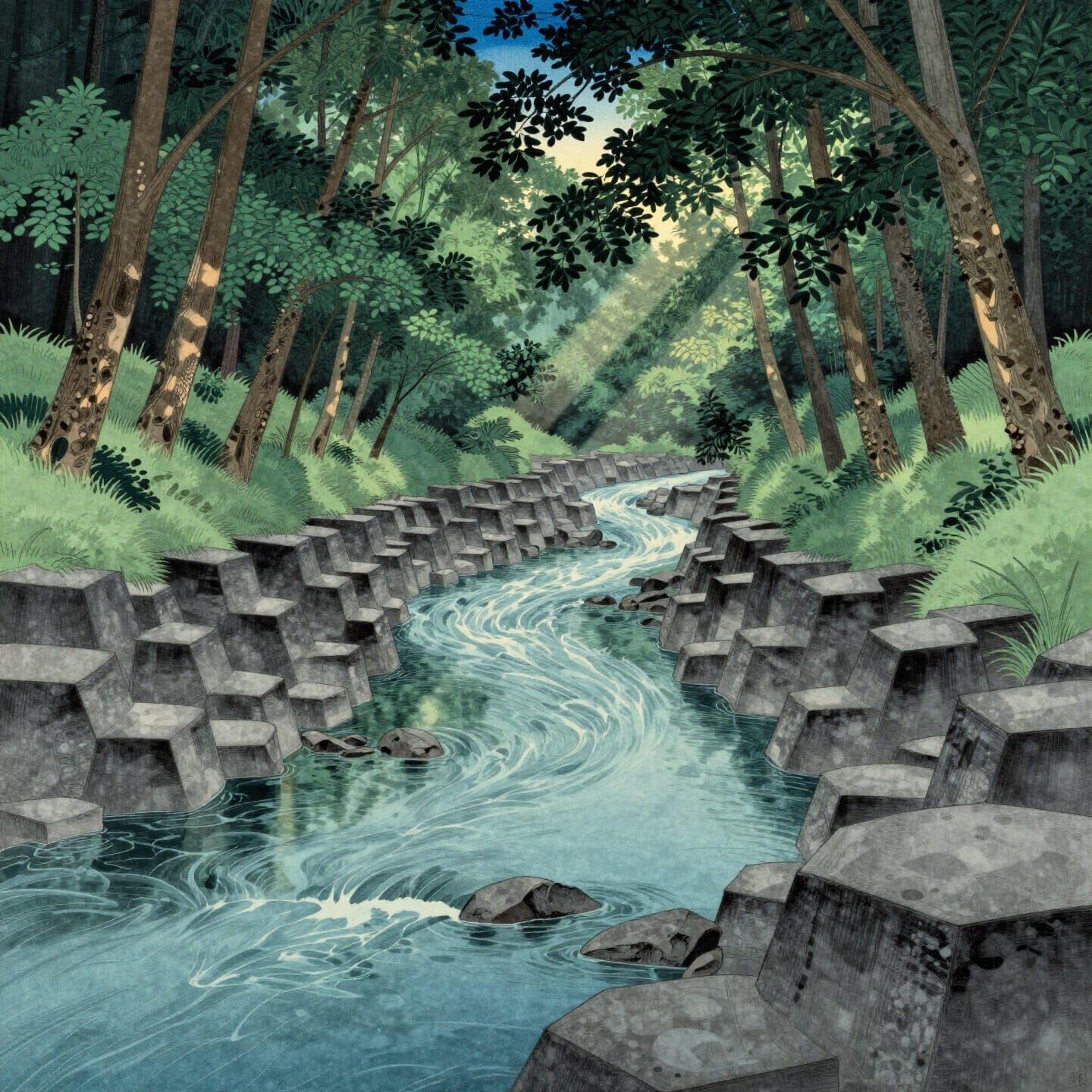 Geometric River Valley Landscape in Ukiyo-e Style