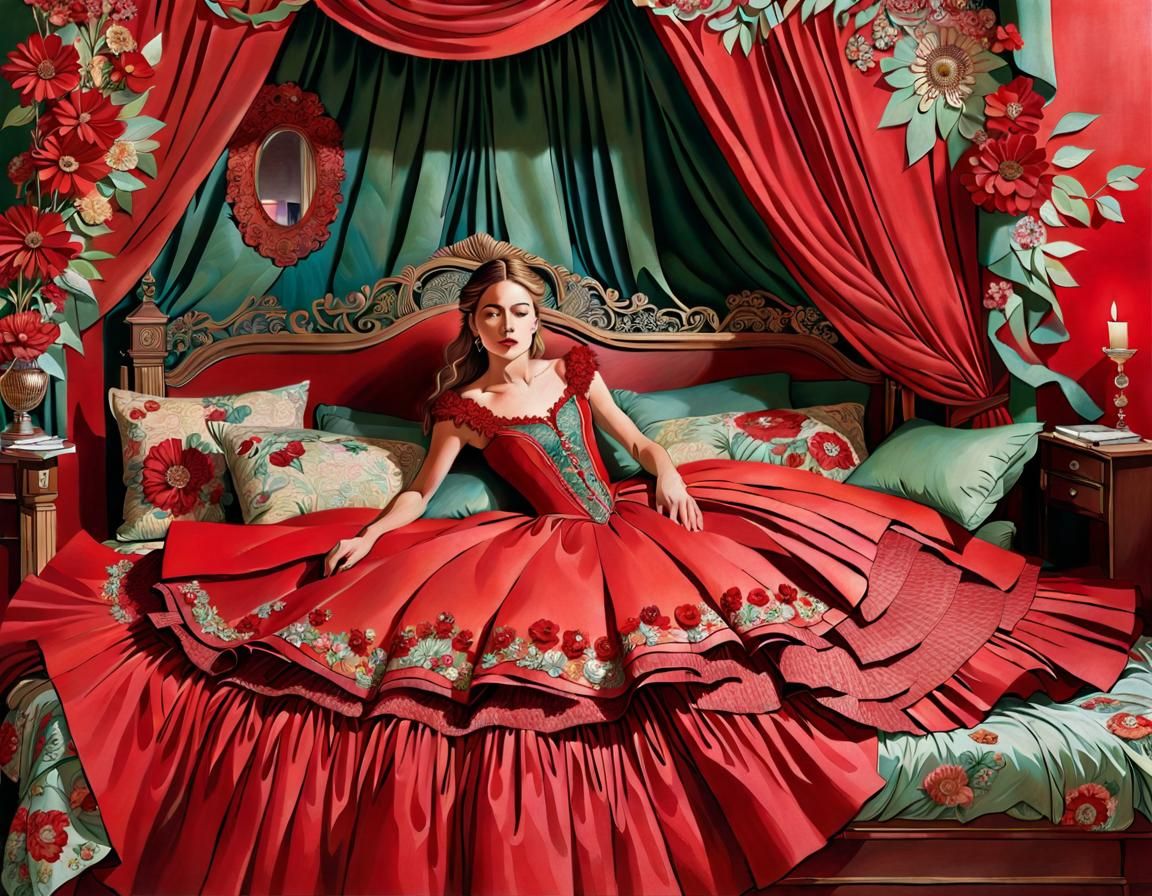 Woman in Red Gown Surrounded by Flowers