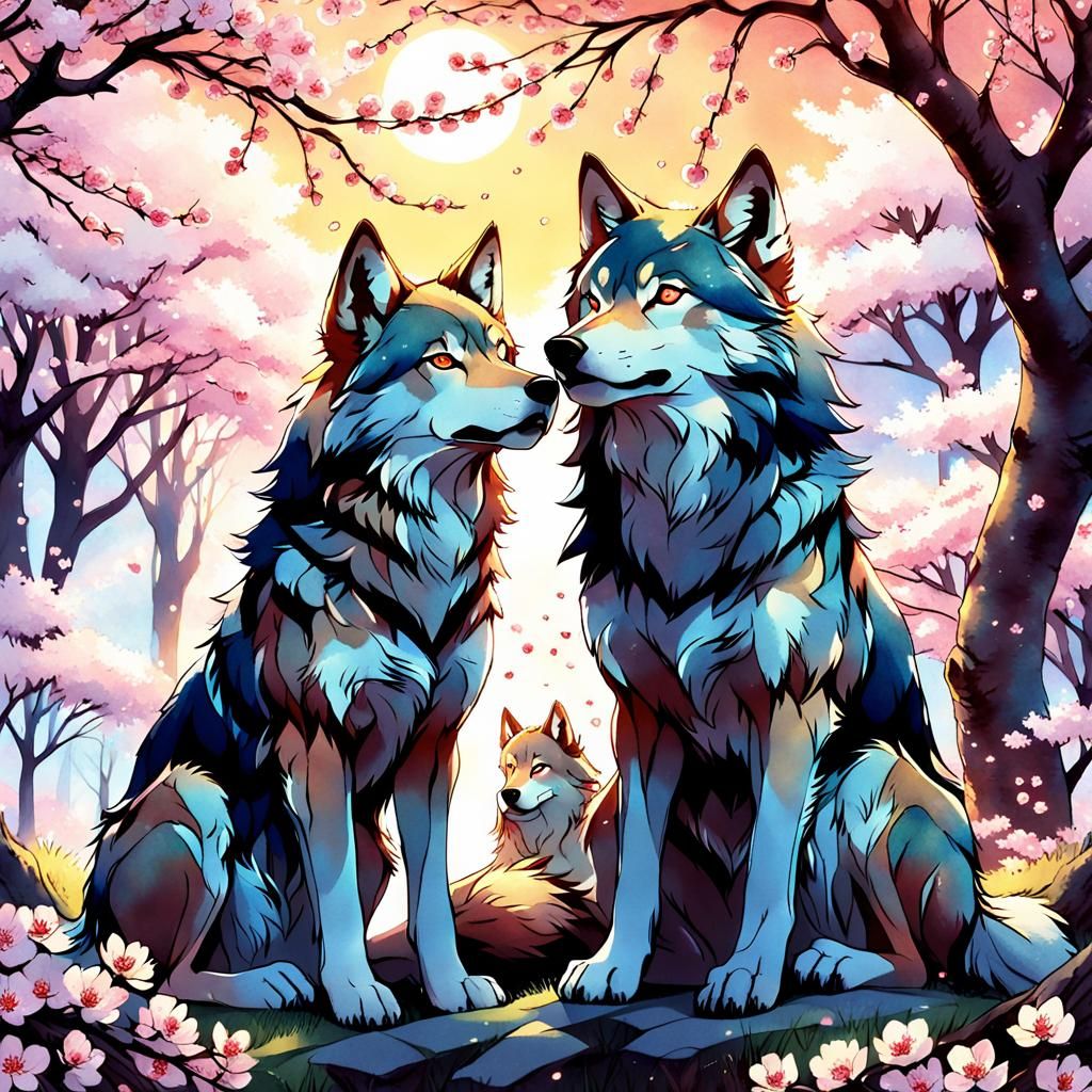 Wolves Under Cherry Blossoms: Anime-Inspired Digital Art