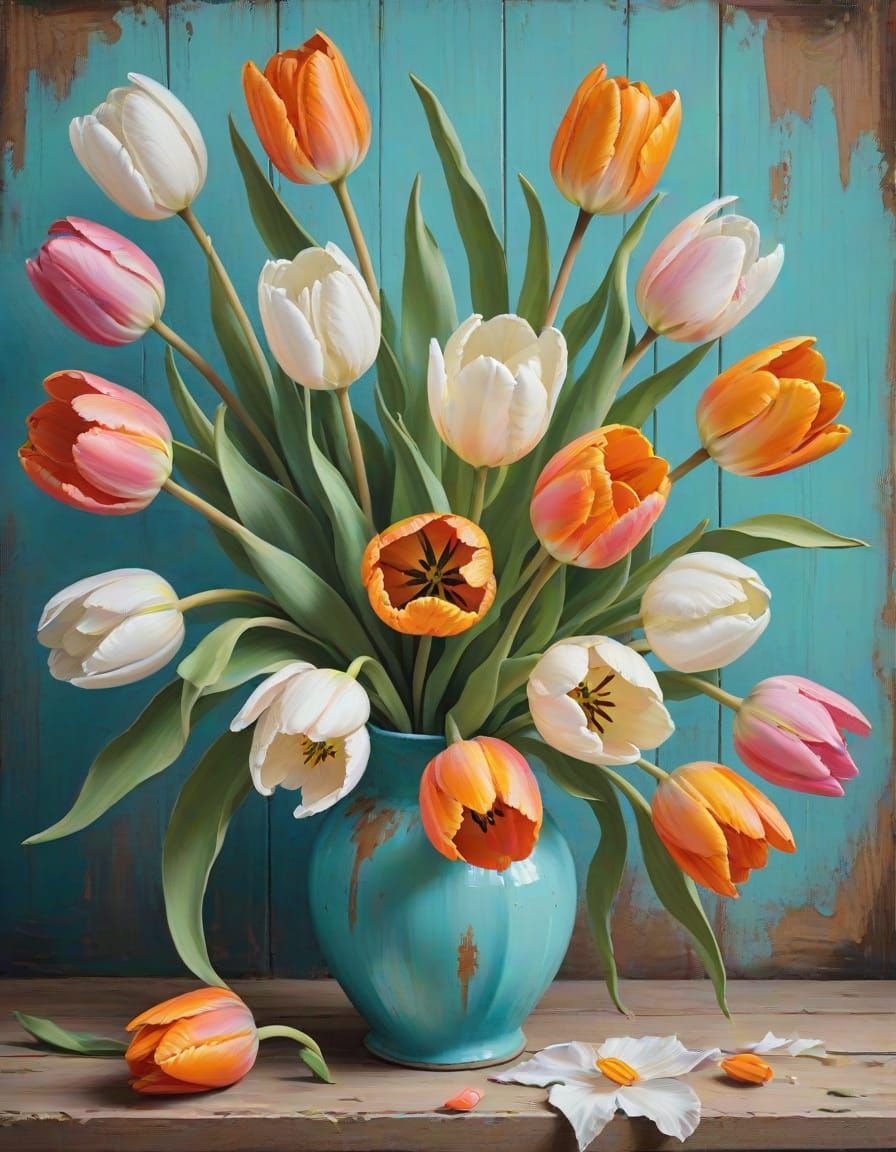 Vibrant Tulip Bouquet in Turquoise Vase