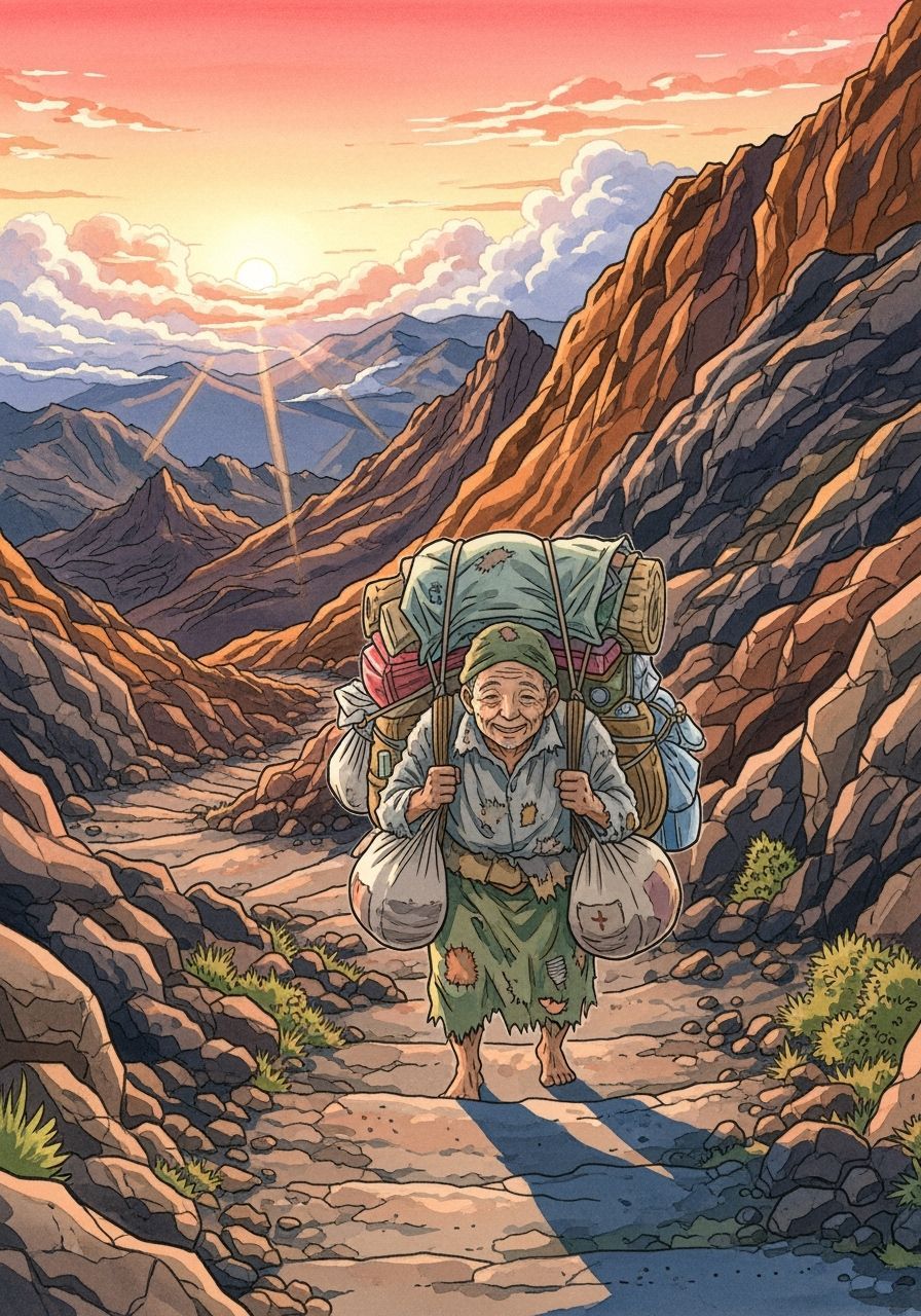 Joyful Traveler Ascends Volcanic Path in Watercolor Style