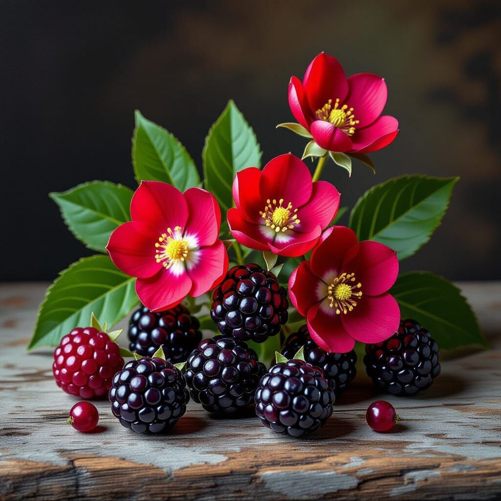 Boysenberries and Bloodroot Still Life in Chiaroscuro