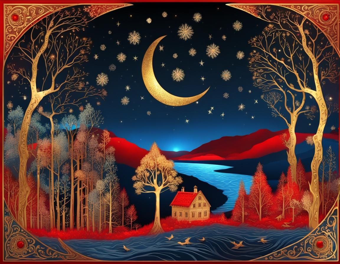 Crystal Moon Over Night Forest in Palekh Style