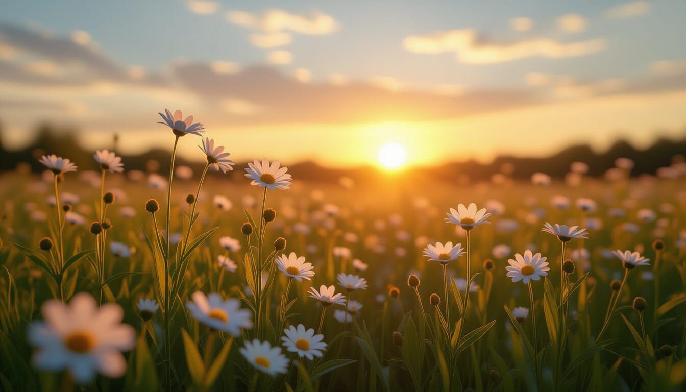 Photorealistic Wildflower Field at Golden Hour Sunset