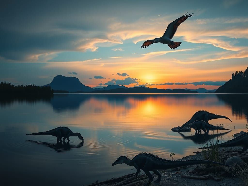 Jurassic Lake Scene at Dusk with Dinosaurs