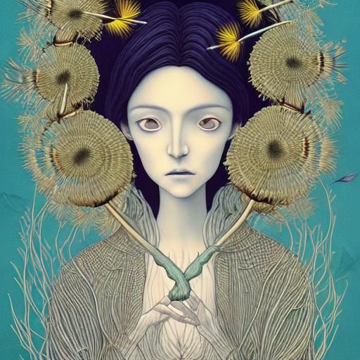 Ethereal Woman and Dandelion in Dreamlike Scene