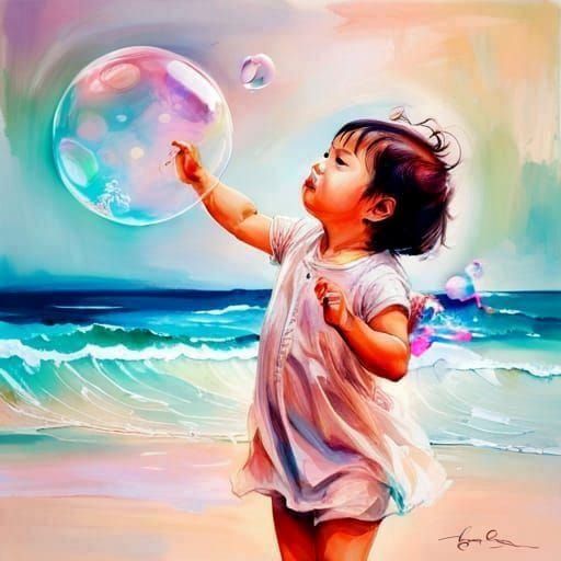Toddler Reaching for a Bubble on Sandy Beach