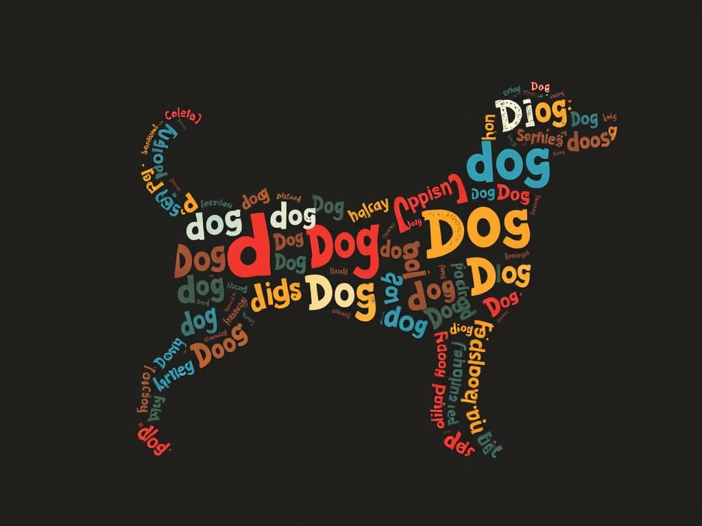 Image of a typography dog it's shape entirely made out of multiple times the word "dog"
