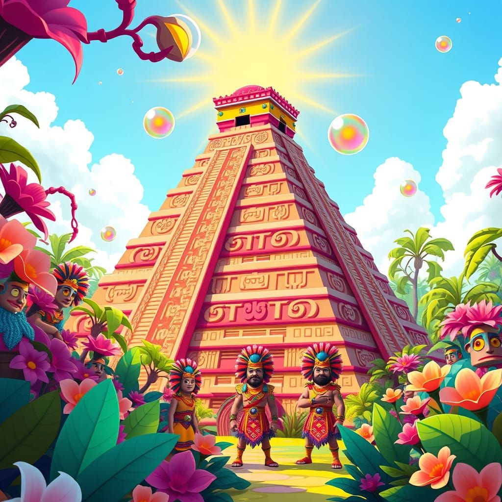 Vibrant Aztec Pyramid in a Whimsical Jungle of Bright Colors