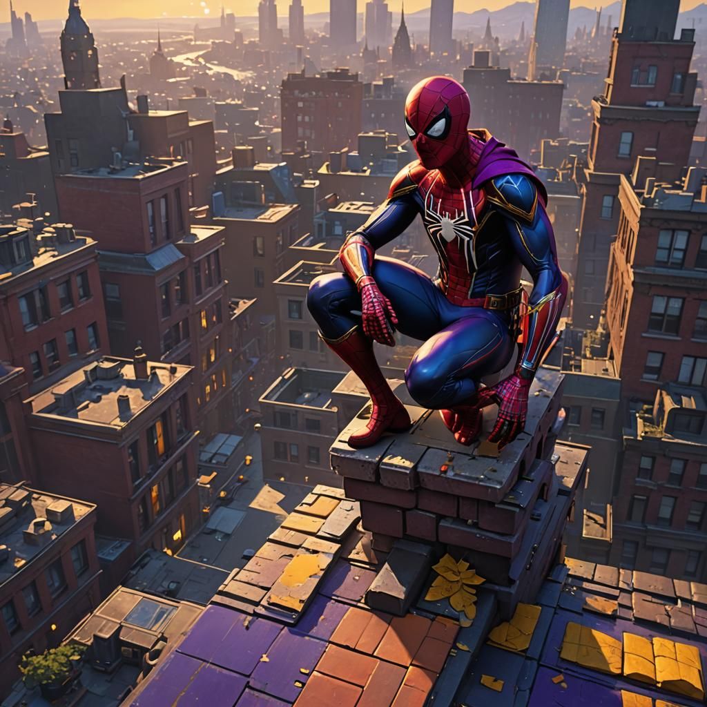 Spider-Man Rooftop Perch in Dark Fantasy Style