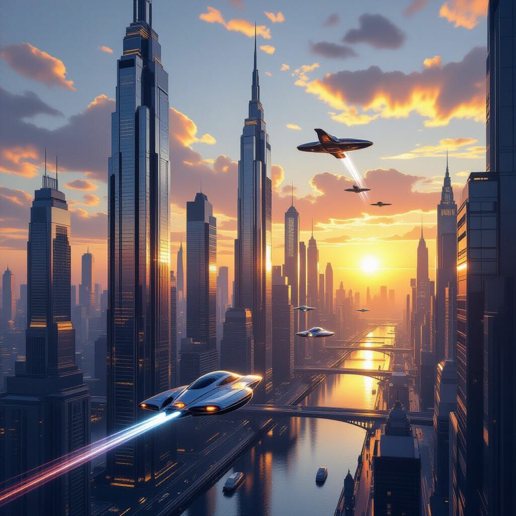 Art Deco Cityscape at Dawn with Flying Vehicles